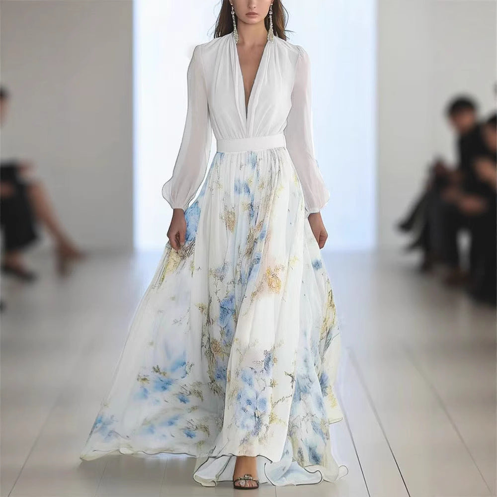 Women's Digital Printing Long Sleeve Collar Patchwork Dress