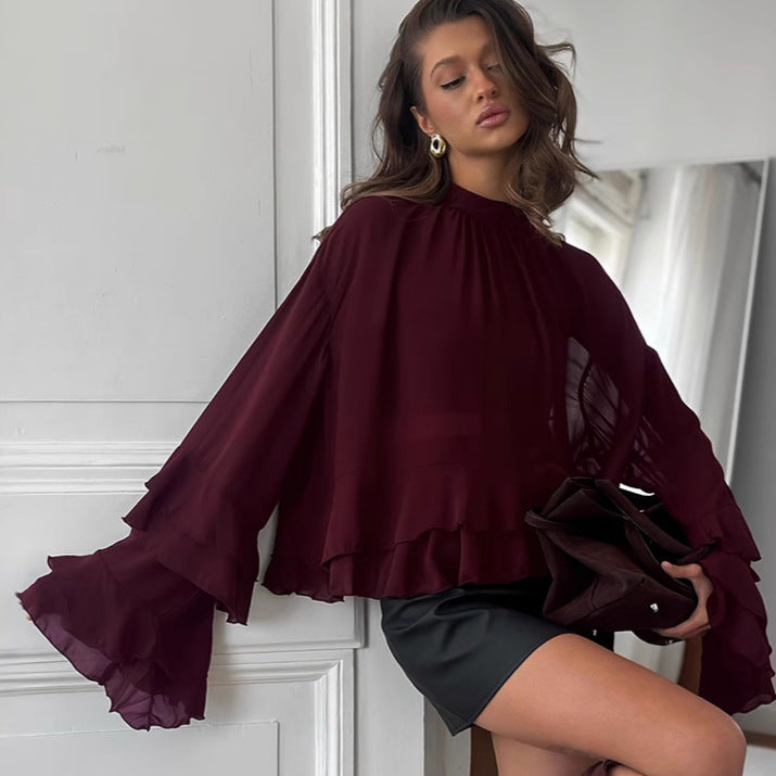 Women's Brown Chiffon Small Stand Collar Ruffle Blouses