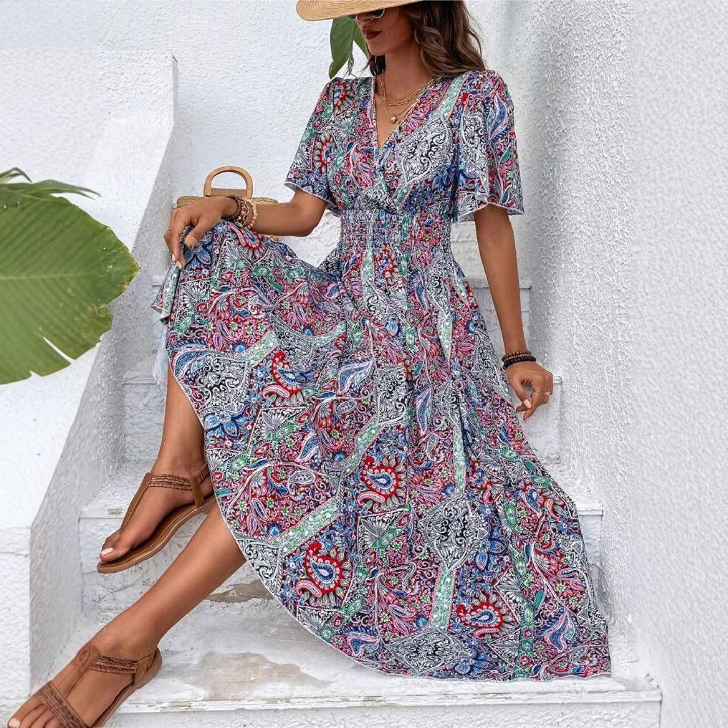 Women's Graceful Fashionable High Waist Bohemian Holiday Ethnic Dress