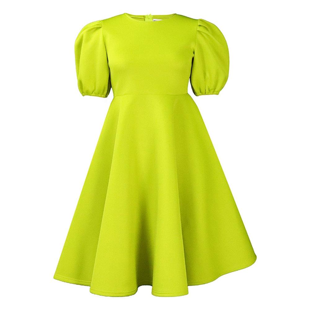 Neck Graceful Puff Sleeve Large Hem Dress