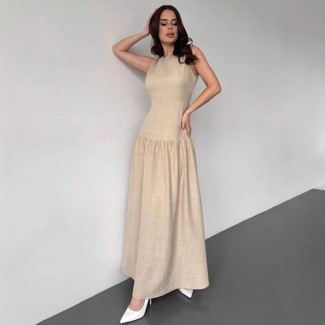 Women's Elegant Imitation Linen Cotton Harness Waist Gentle Retro Dress