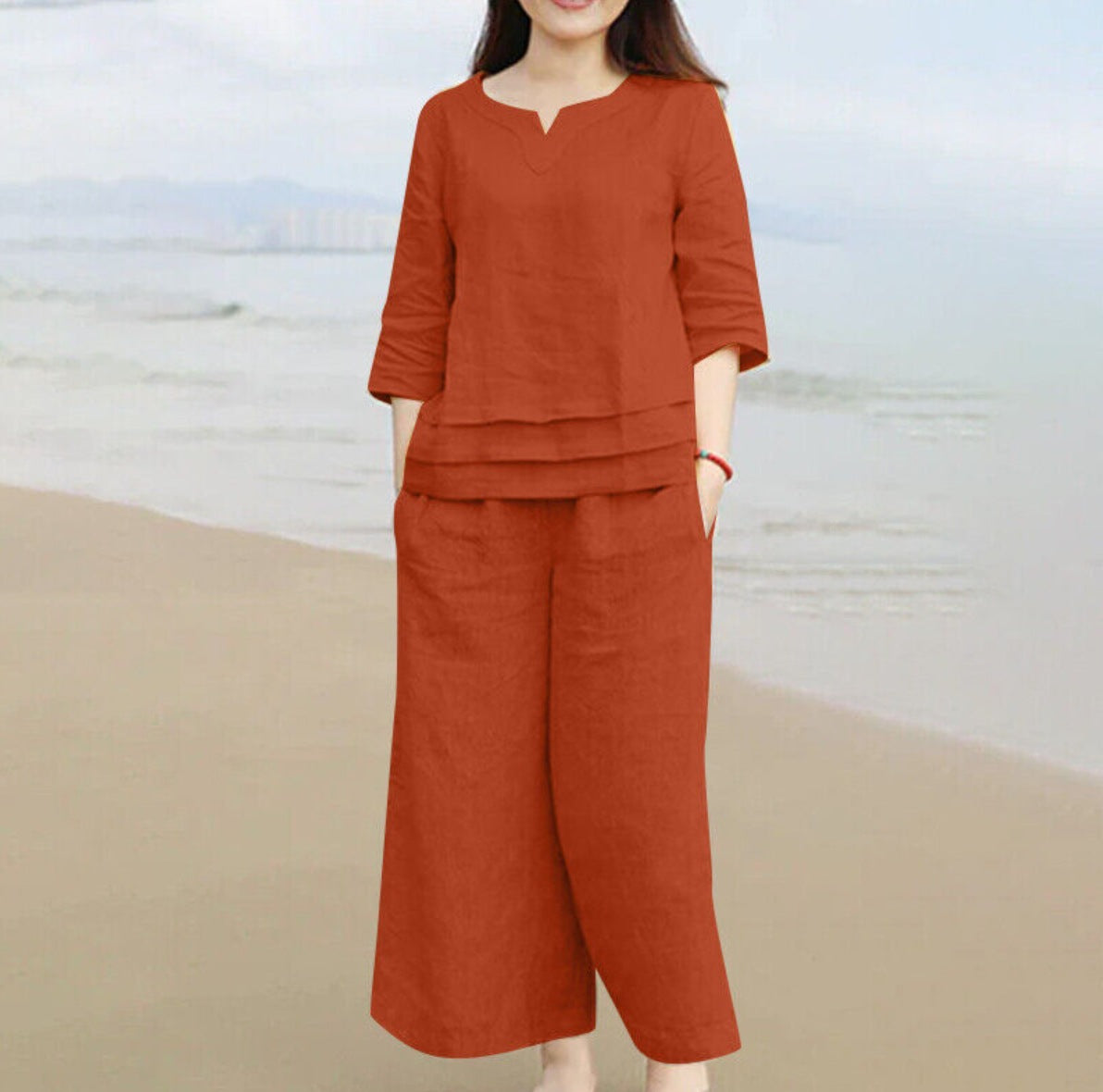 Women's Linen Casual Loose Solid Color Two-piece Suits
