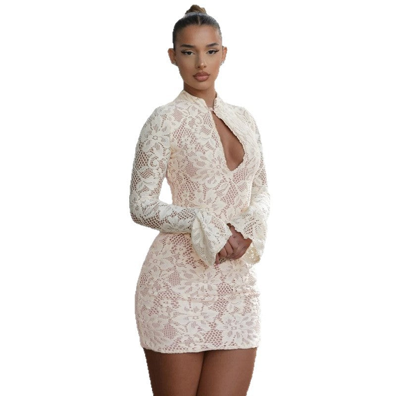 Women's Fashion Flared Sleeves Sexy Lace Cutout Dress
