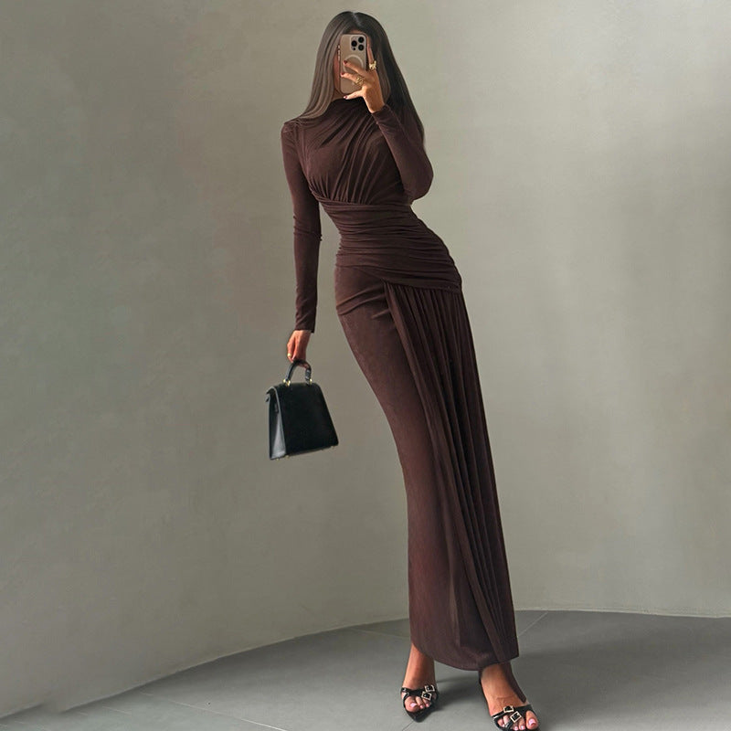 Winter Fashion Solid Color Round Neck Long Sleeve Pleated Elegant Dress