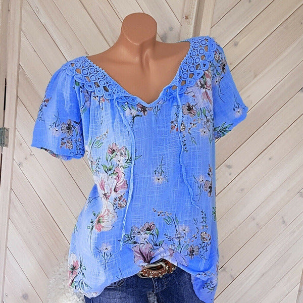 Glamorous Summer Lace Printed Short-sleeved T-shirt Tops