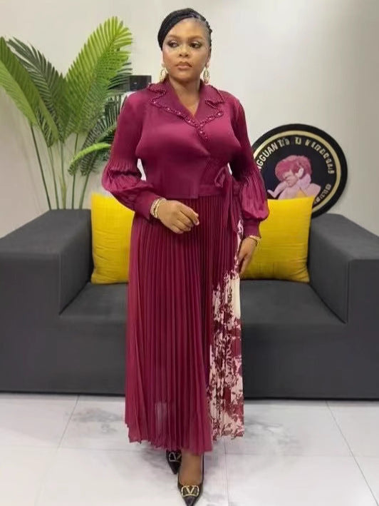 African Elegant Pleated Print Long Sleeve Suits