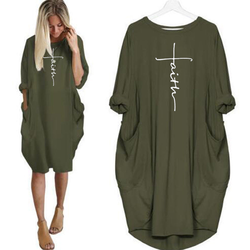 Women's Neck Long Sleeve Cross Printed Wear Dress