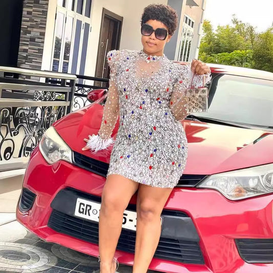 Rhinestone Mesh Stretch African Sexy Slim Dresses