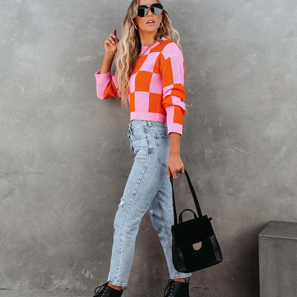 New Graceful Spring Chessboard Plaid Stitching Sweater