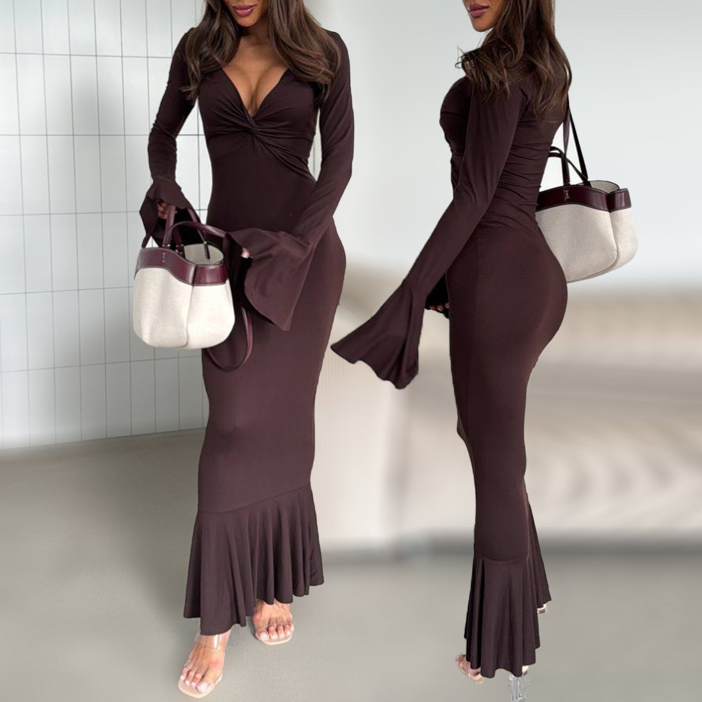 Women's Fashion Sexy Elegant Ruffle Sleeve Long Jumpsuits