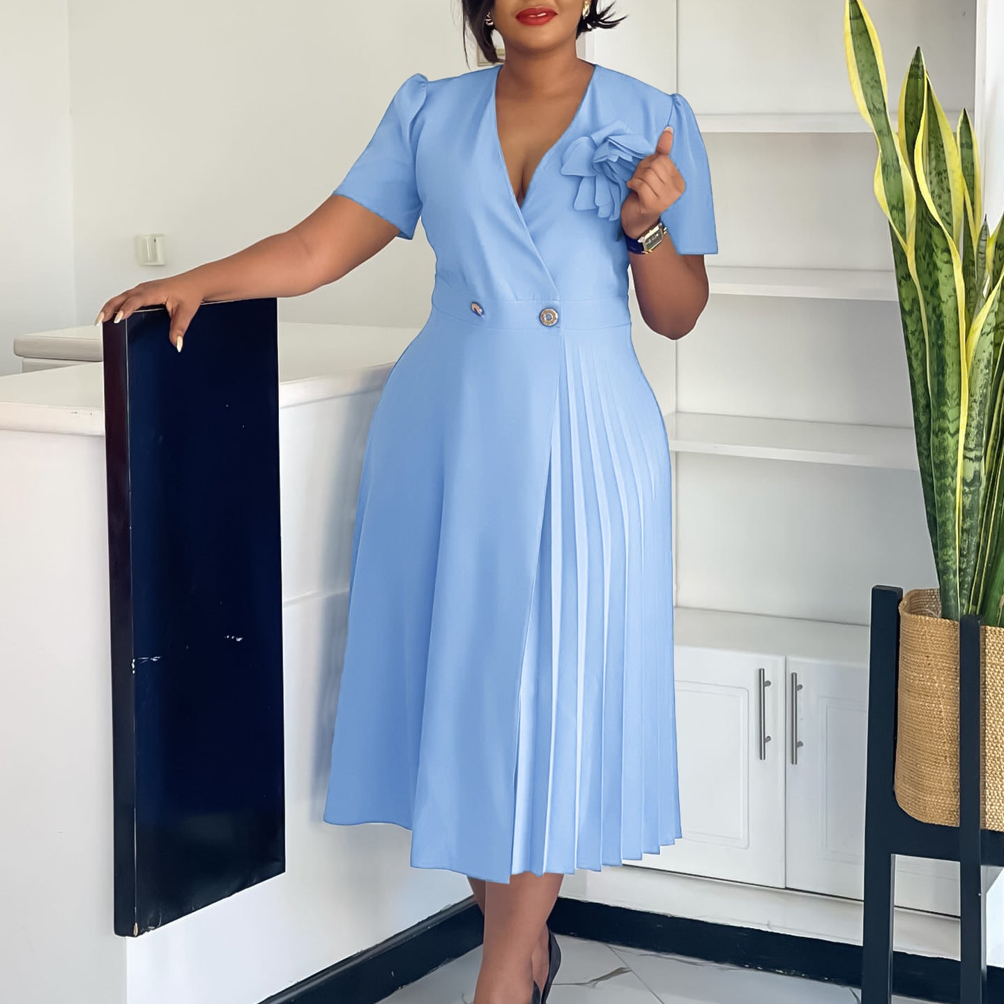 Women's Summer Fashion Sleeve Solid Color Elegant Pleated Dress