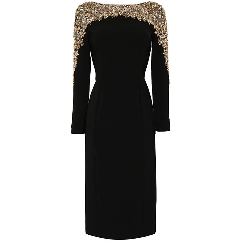Fashion Stitching Mesh Beads Rhinestones Mid-length Dresses