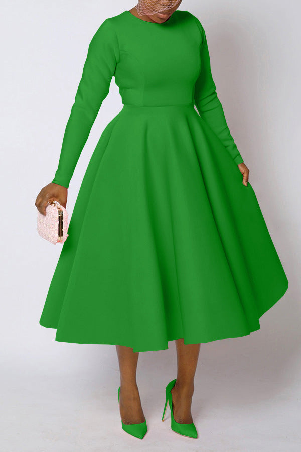 Women's Solid Color Long Sleeve Round Neck Dresses