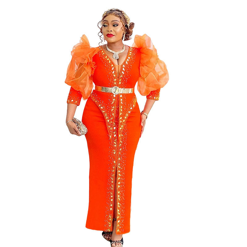 Women's Style Puff Sleeve Long-sleeved Rhinestone Long Dresses