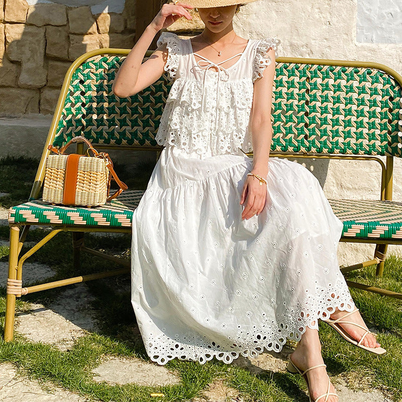 Women's Elegant Summer French Hollow White Suits