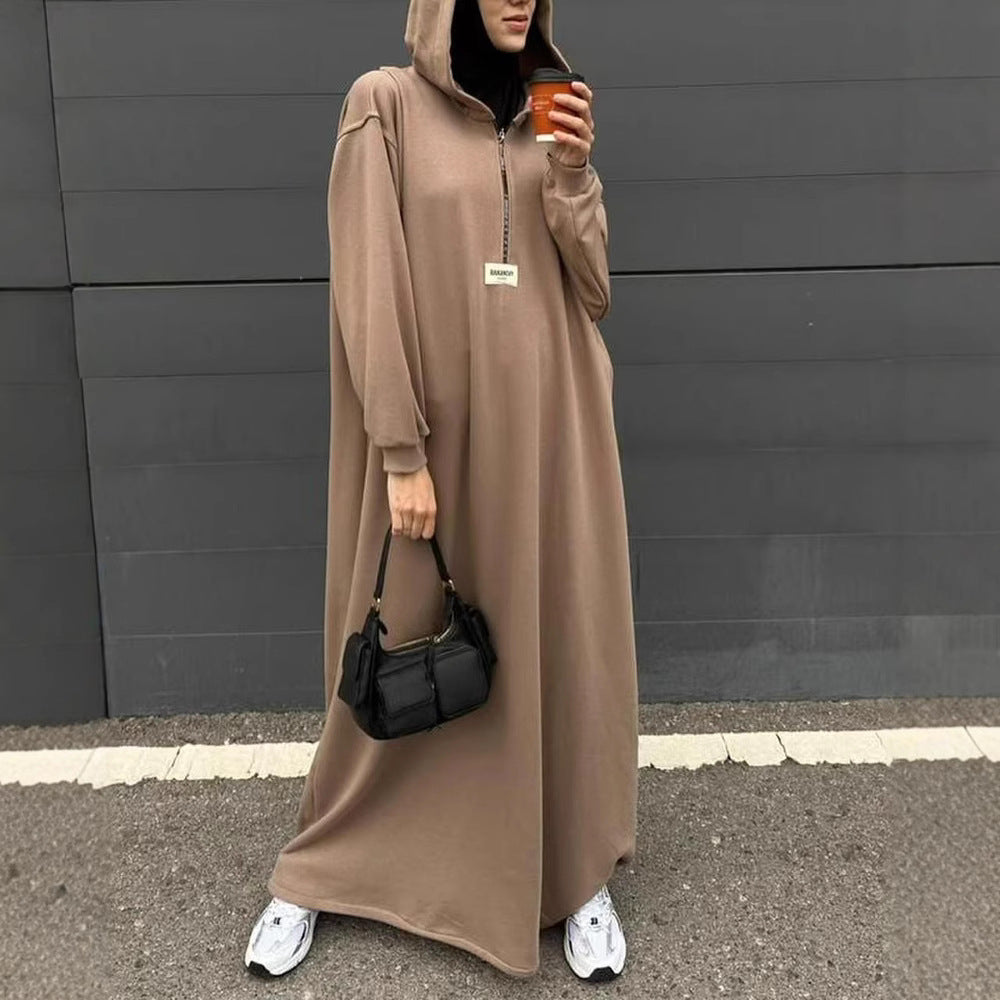 Solid Color Hooded Loose Long Sleeves Dresses