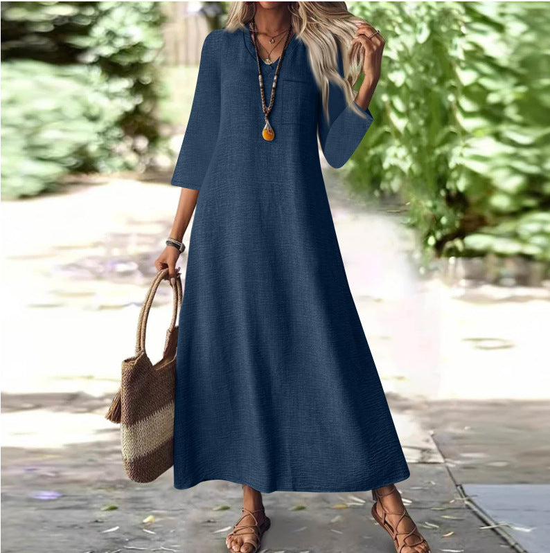 Zipper Sleeve Cotton Linen Solid Color Dress