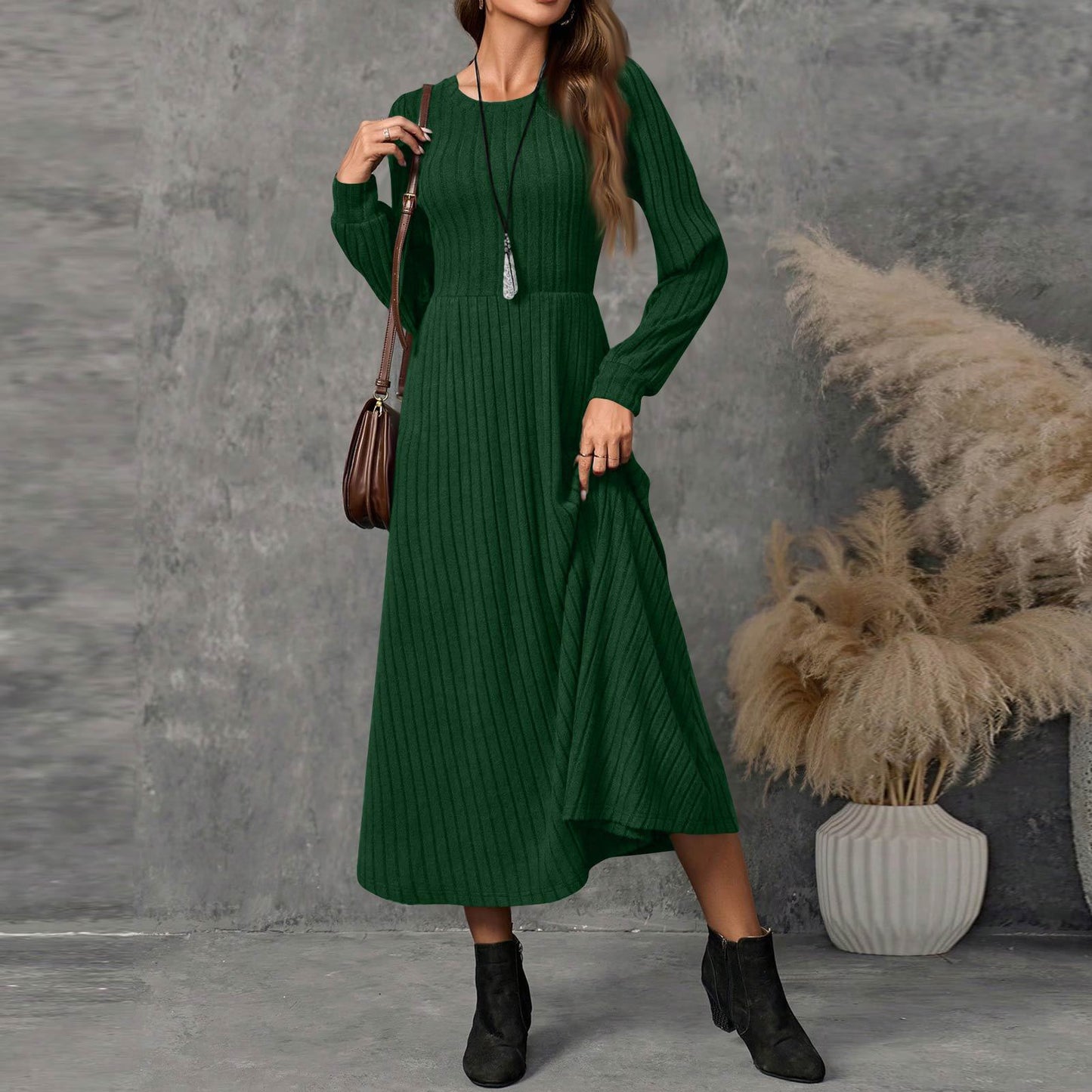 Ladies Fashion Round Neck Long Sleeve Solid Color Casual Sunken Dress