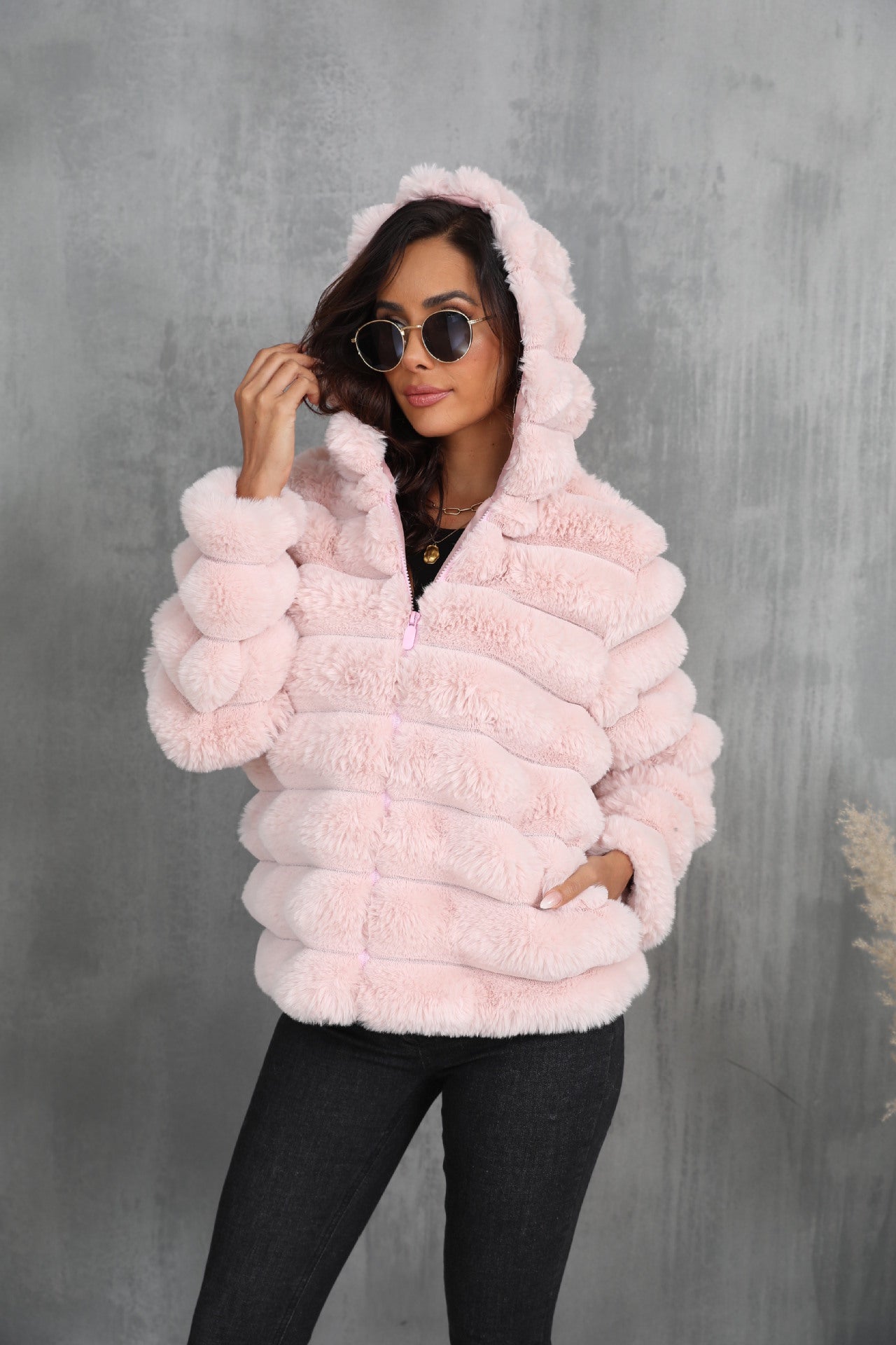 Women's Striped Hooded Imitation Fur Cropped Plush Coats