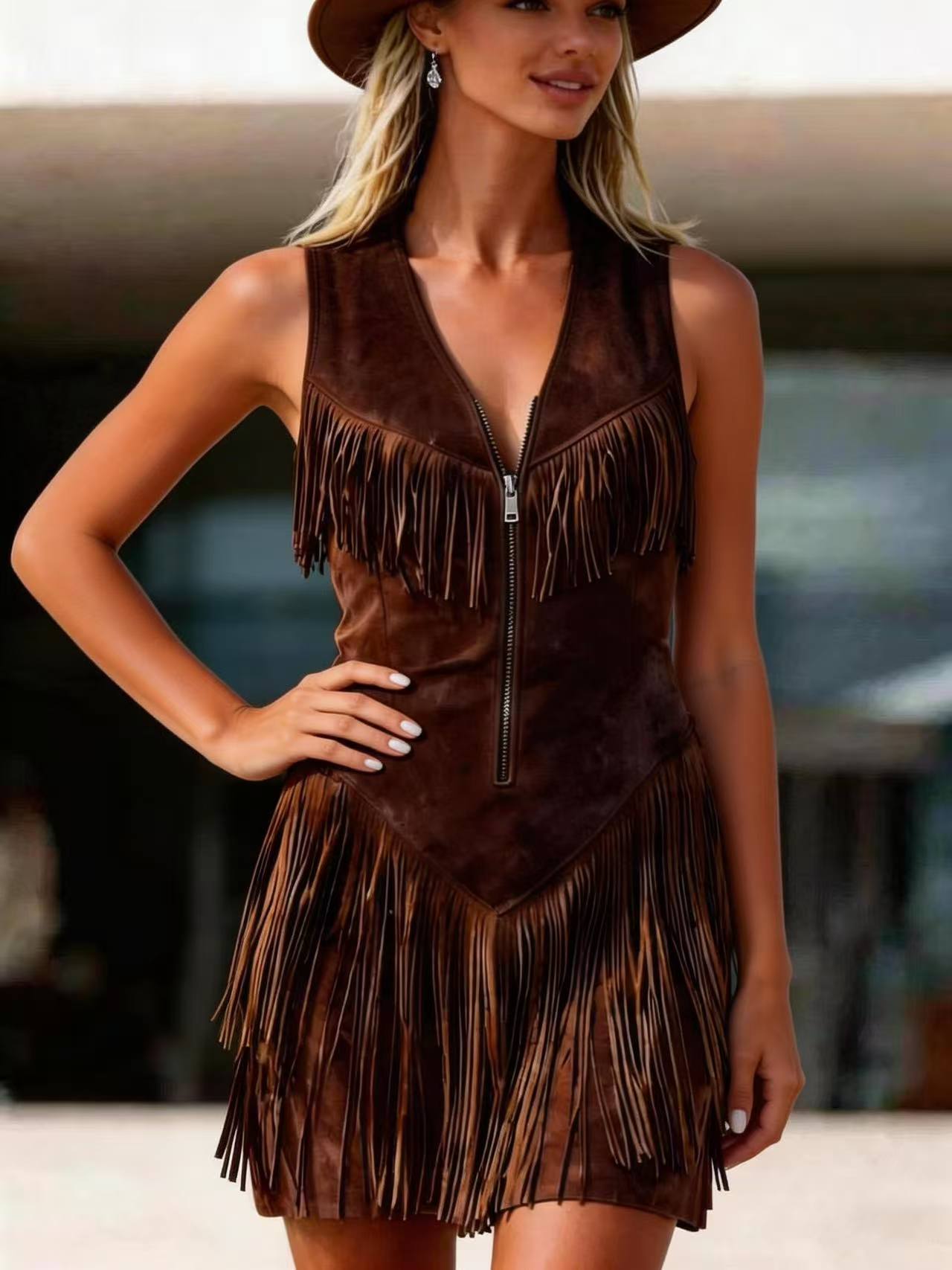 Retro Western Style Tassel Suede Zipper Dress