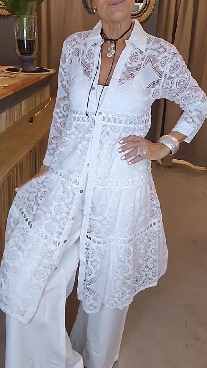 Women's Slouchy Lapel Lace Shirt Long Blouses