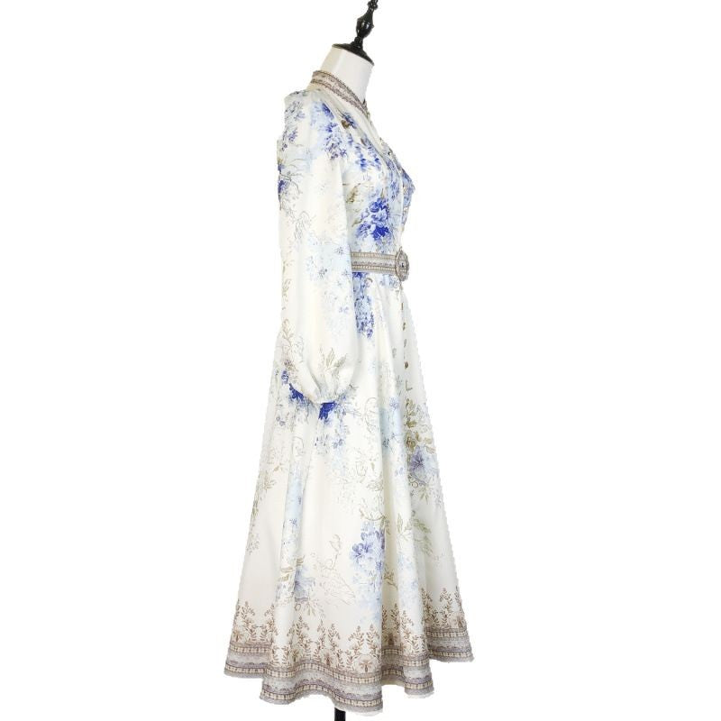 Women's Floral Print Single-breasted Stand-up Collar Puff Dresses