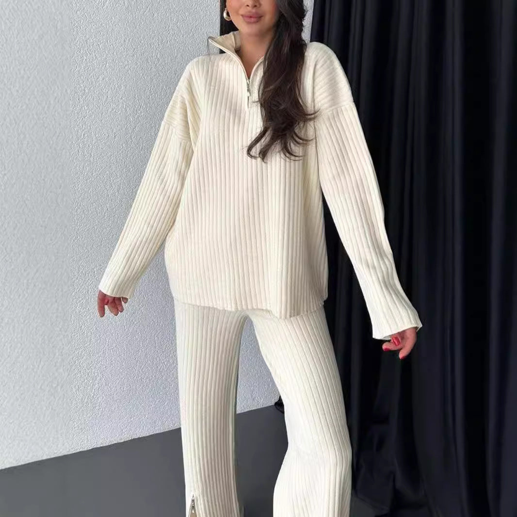 Women's Zipper Knitting High Neck Ribbing Home Suits