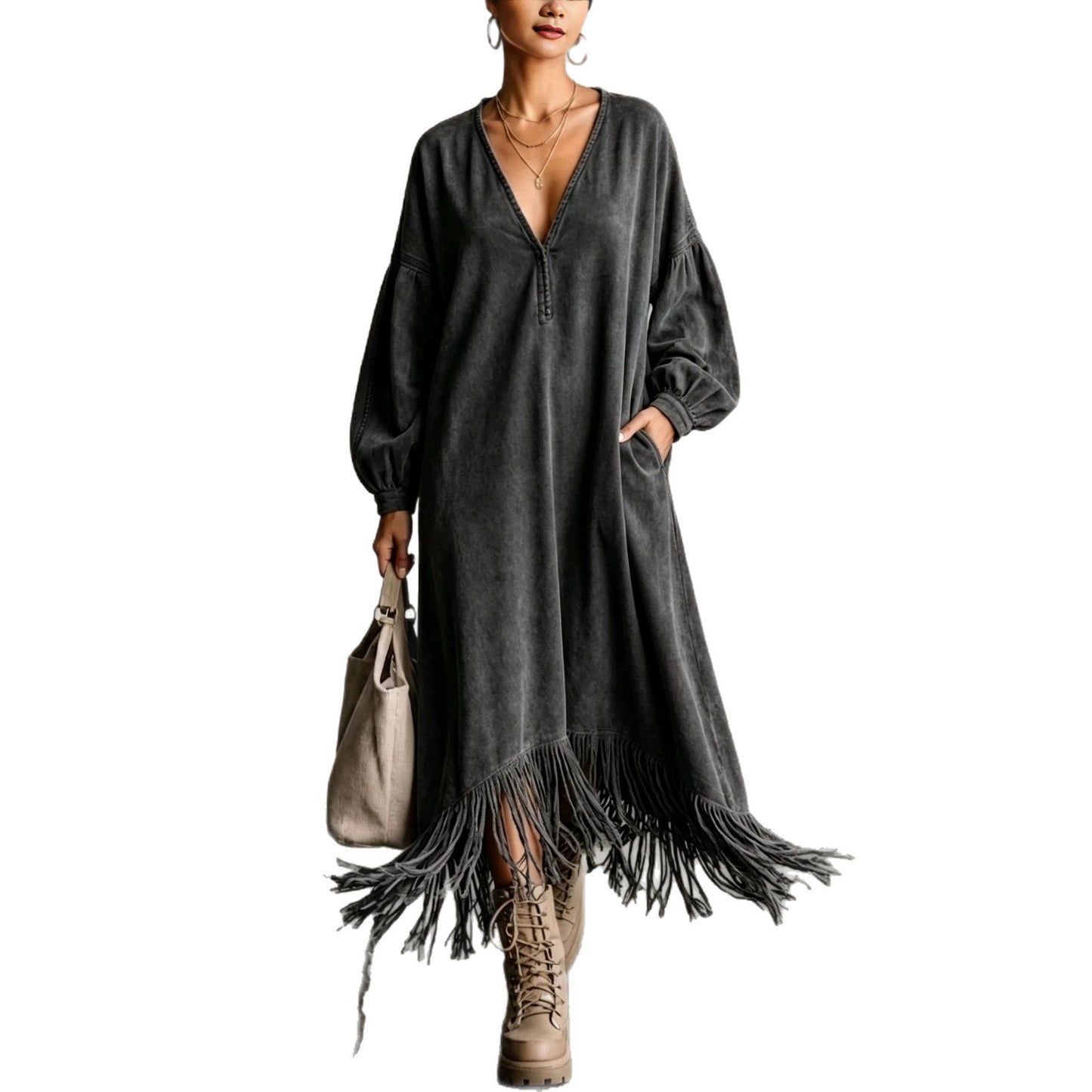 Suede Tassel Large Solid Color Elegant Outdoor Dress