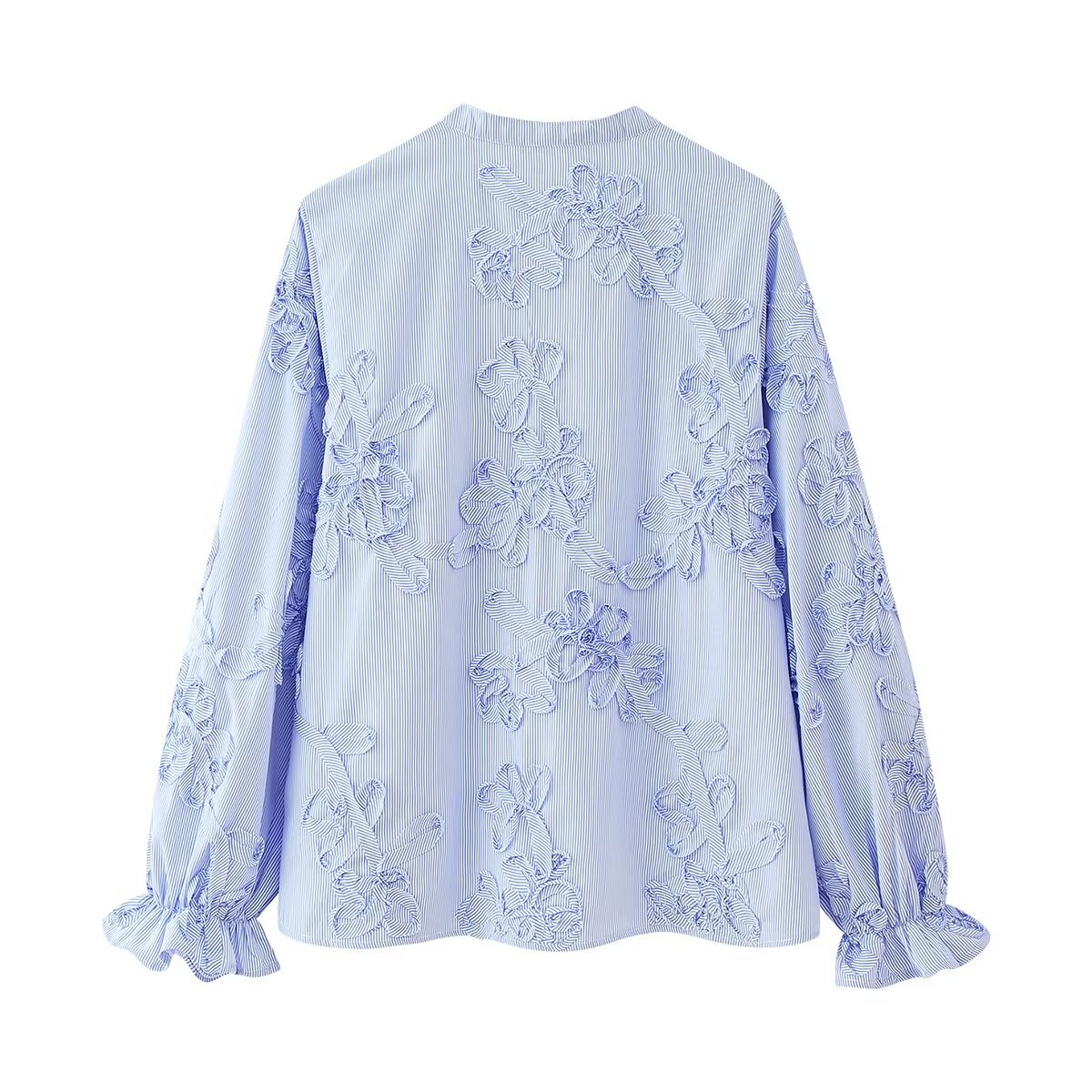 Women's Spring Textured Striped Plate Floral Poplin Blouses