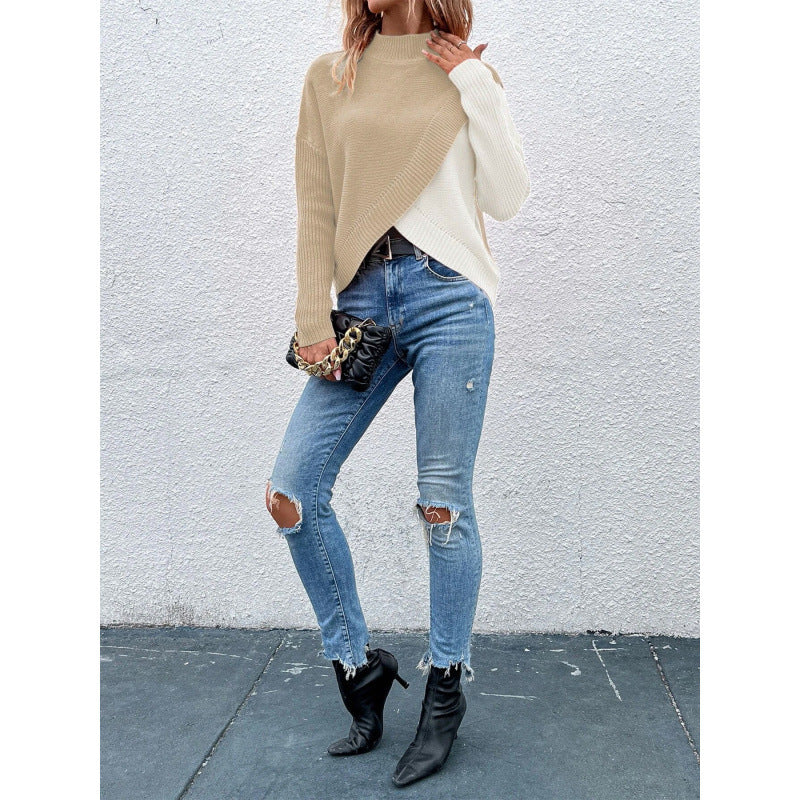 Women's Turtleneck Knitted Asymmetric Cross Hem Loose Slimming Long Sweaters