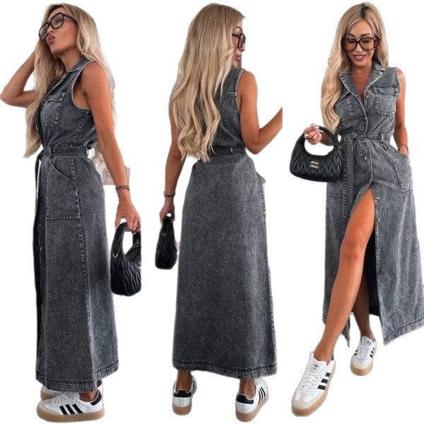 Sleeveless Long Tie Waist Single-breasted Denim Dresses