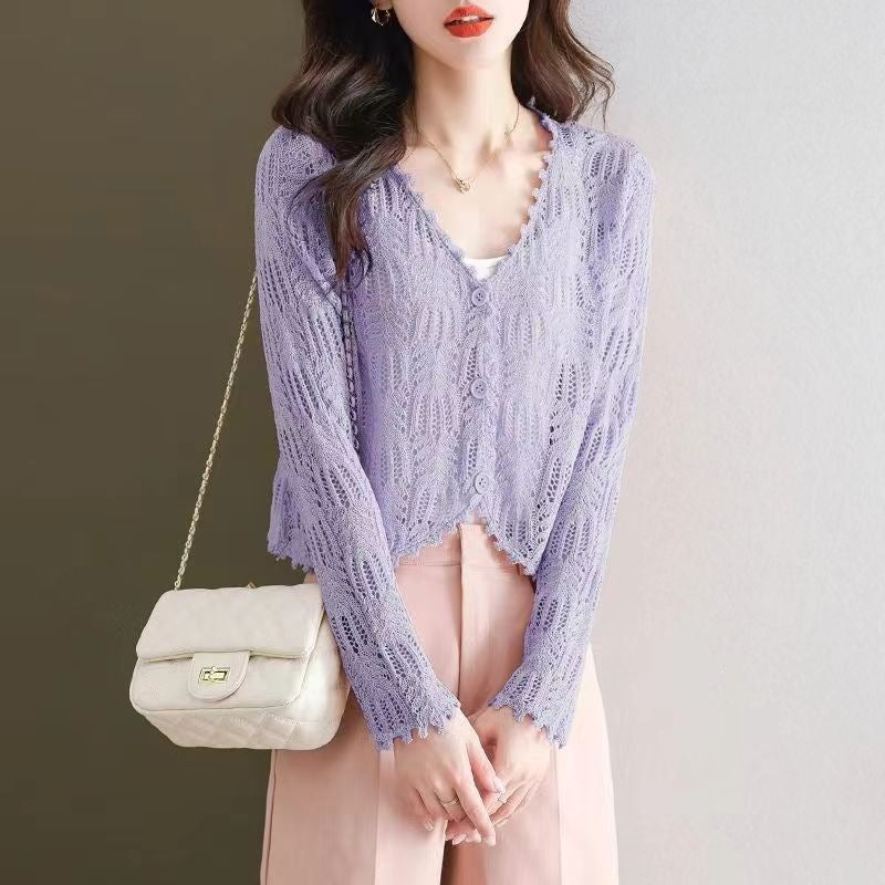 Women's Cape Long Sleeve Sunscreen Hollow Out Crochet Knitted For Shorts