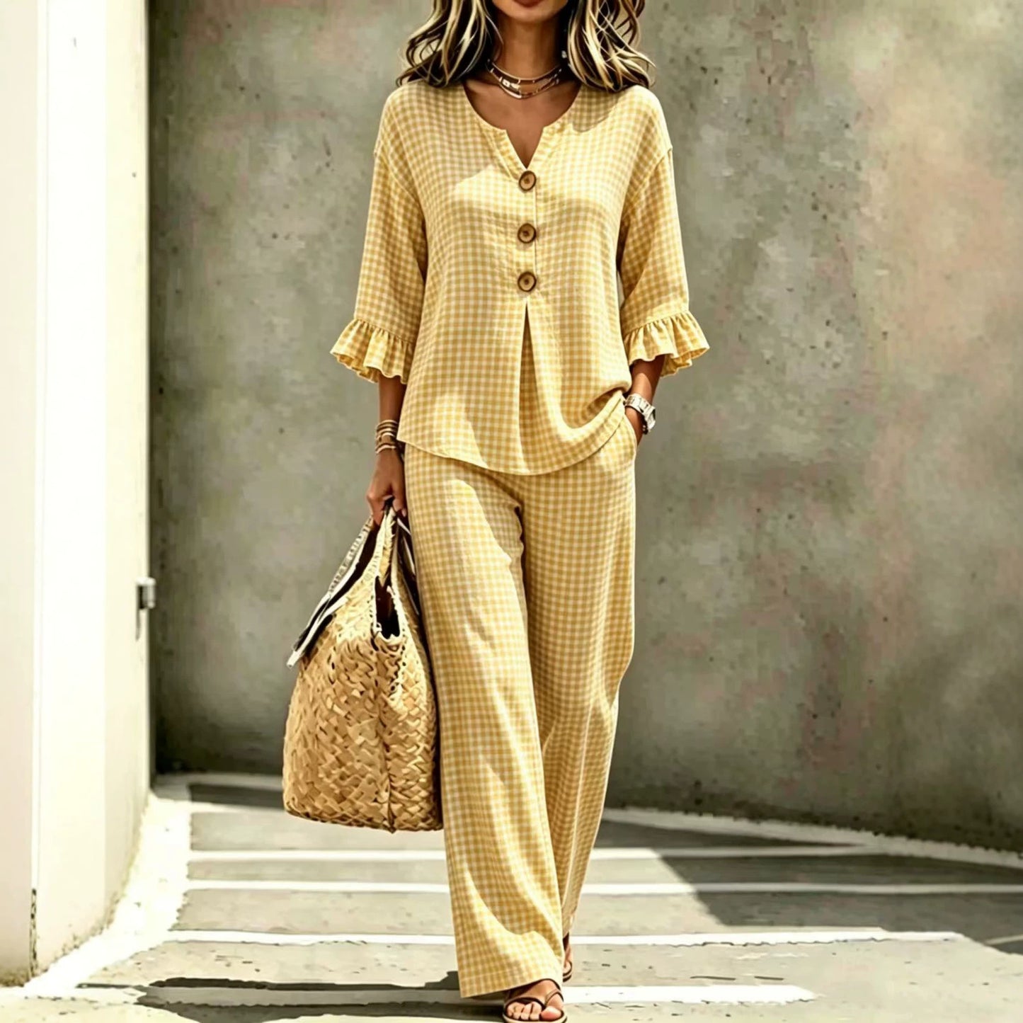Women's Button Flounce Plaid Sleeve Trousers Tops