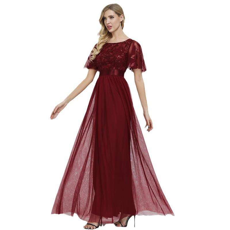 Women's Quality Elastic Waist Patchwork Round Neck Evening Dresses
