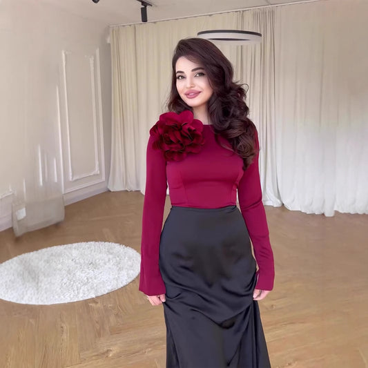 Autumn Satin Patchwork Contrast Color Flower Accessories Dresses