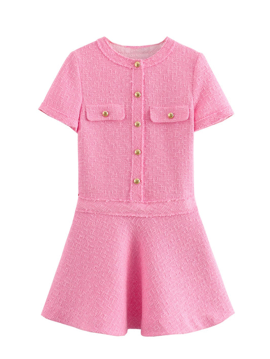 Women's Pocket Round Neck Textured Sleeve Dress Dresses