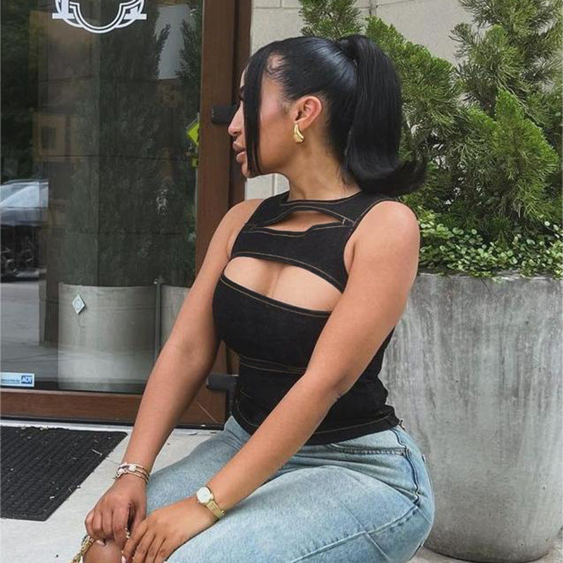 Women's Summer Hot Sexy Cutout Imitation Denim Tops