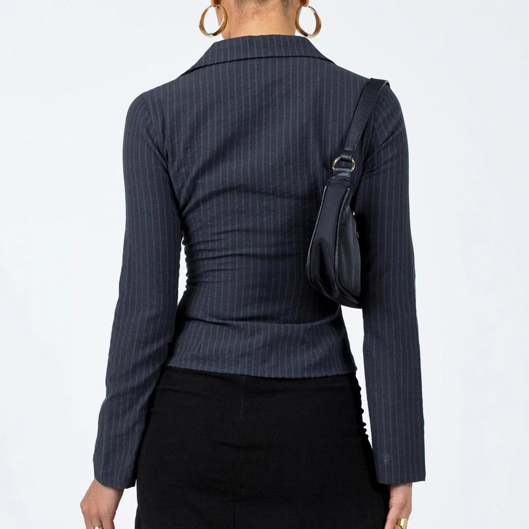 Lapel Breasted Long-sleeved Shirt Slim Striped Blouses