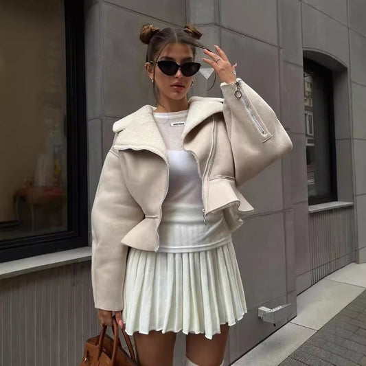 Women's Lapels Fashionable Korean Long Sleeve Solid Coats