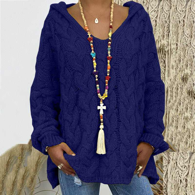 Women's Solid Color Twist Knitted Hoodie Sweater