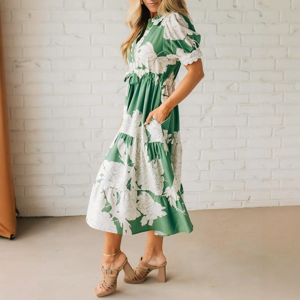 Lapel Print Ribbon Stitching Bohemian Holiday Dress