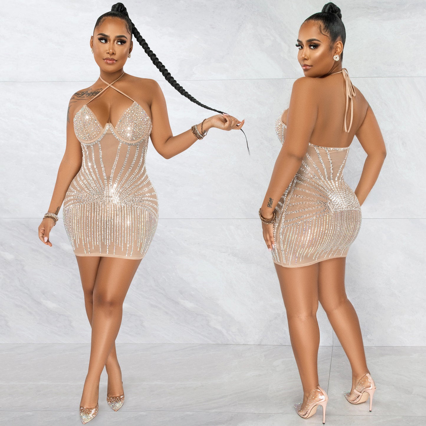 Sexy Spaghetti Straps Chest Wrap Rhinestone Dresses