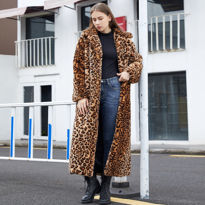 Leopard Print Rabbit Super Long Collar Coats