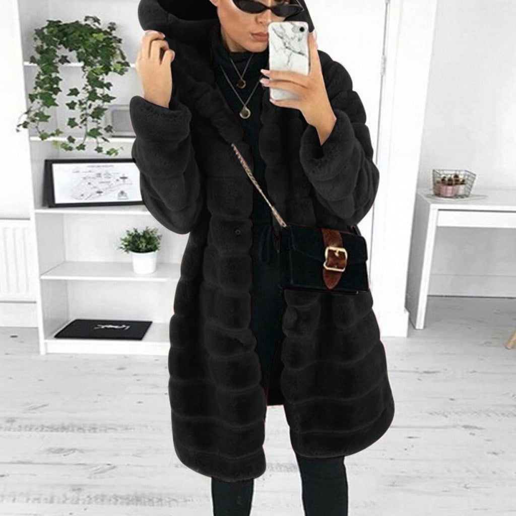 Women's Solid Color Plush Hooded Mid-length For Coats
