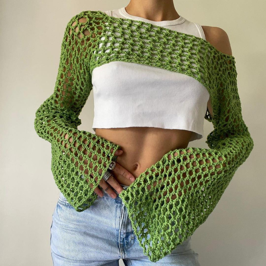Women's Crochet Casual Bell Sleeve Sexy Mesh Women's Sweater