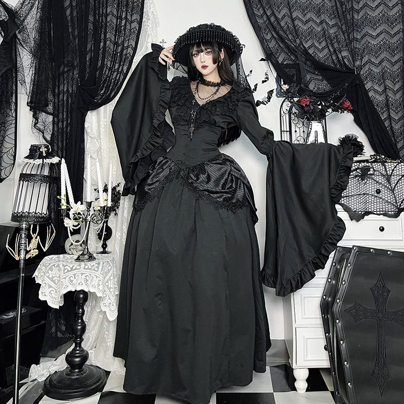 Autumn Lace Stitching Sleeves Ji Dark Style Lolita Slim Blouses