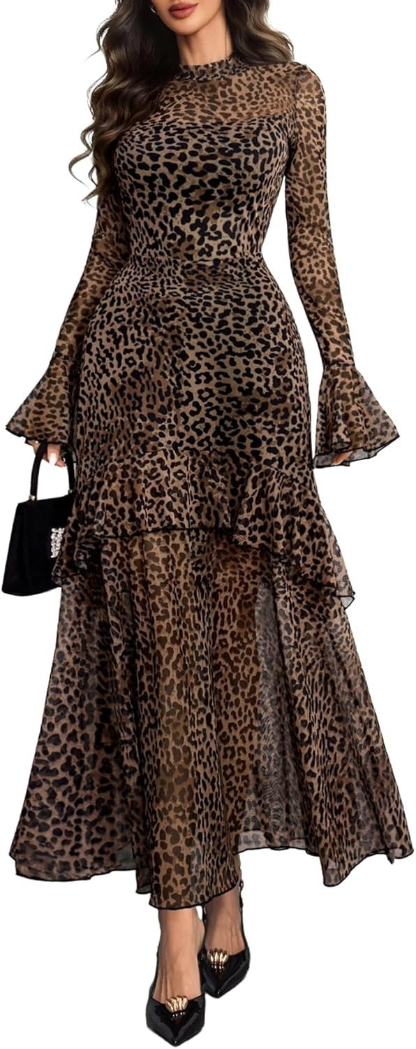 Women's Printed Black Ruffle Sleeve Plant Floral Print Dress