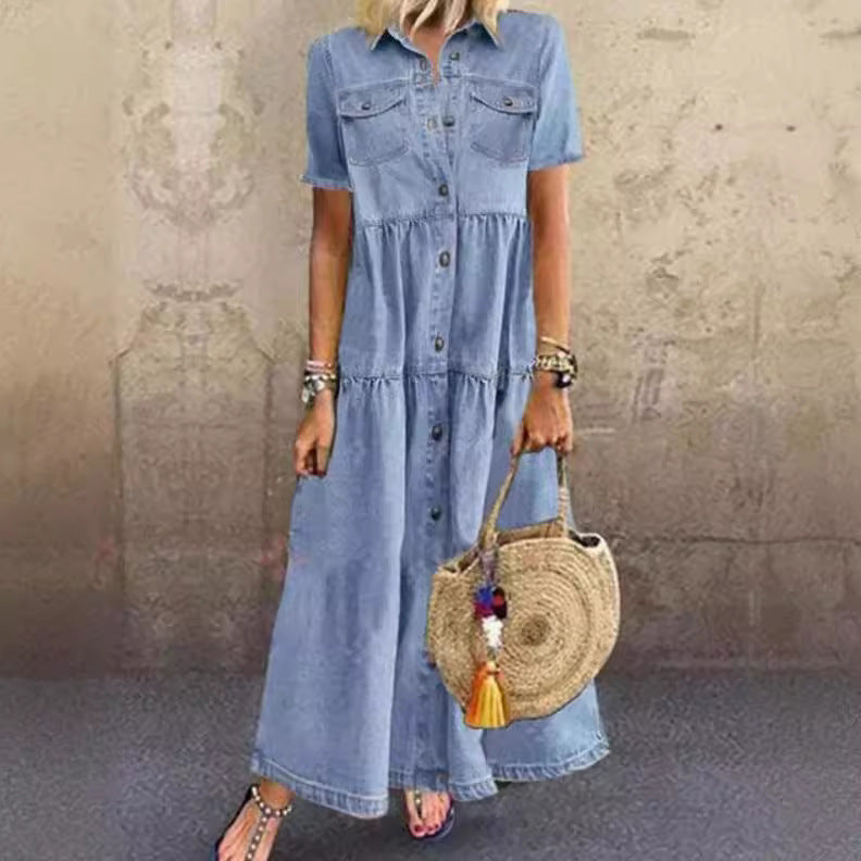 Slouchy Classic Denim Style Long Distressed Dress
