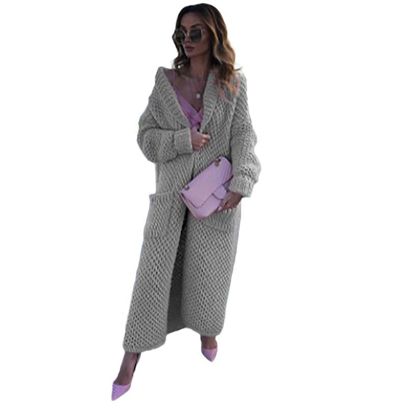 Women's Winter Lapel Knitted Solid Color Long Sweaters