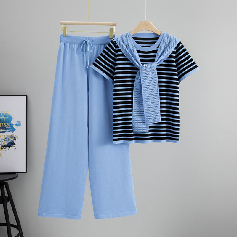 Women's Temperament Leisure Sports Knitted Summer Loose Short-sleeved Striped Two-piece Fashion Casual Suit